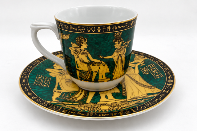Porcelánová šálka s podšálkou Fathi Mahmoud FM – Egypt, zlatý dekor